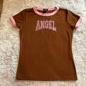 Rue 21 rust tee with pink trim angel tee shirt.  Size M